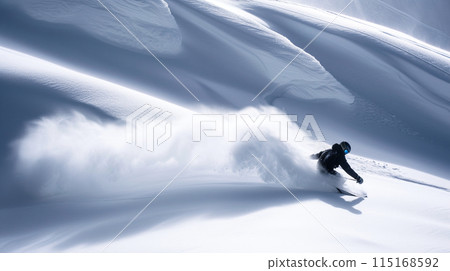 Snowboarder skiing through unmarked powder Snowboarder skiing through unmarked powder 115168592