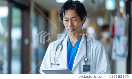 一位日本醫生在醫院使用平板電腦的肖像 115168595