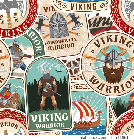 Vikings warrior seamless pattern or background. Vector illustration. Fabric, texture, wallpaper with viking in helmet, crossed battle axe, sword and nordic ship 115168611