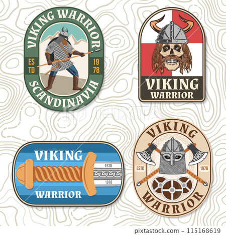 Set of viking warrior logos, badges, stickers. Vector illustration. For emblems, labels and patch. Patch design heraldic shield with a crossed battle axe, sword and skull viking warrior Set of viking warrior logos, badges, stickers. Vector illustration. For emblems, labels and patch. Patch design heraldic shield with a crossed battle axe, sword and skull viking warrior 115168619