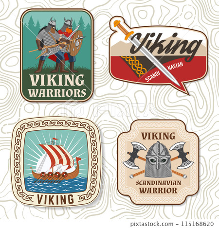 Set of viking warrior logos, badges, stickers. Vector illustration. For emblems, labels and patch. Patch design heraldic shield with a viking in helmet with crossed battle axe, sword and nordic ship 115168620