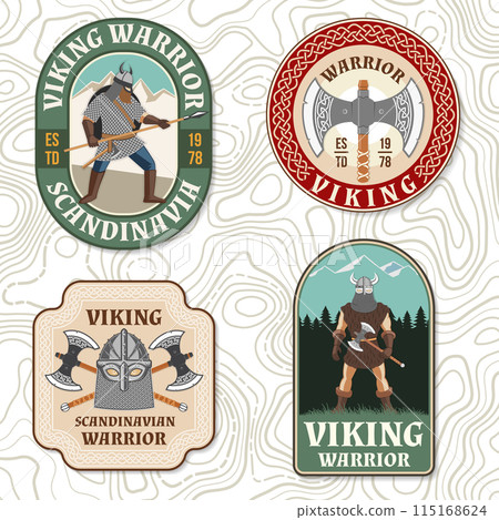 Set of viking warrior logos, badges, stickers. Vector illustration. For emblems, labels and patch. Patch design heraldic shield with a viking in helmet with crossed battle sword and axe Set of viking warrior logos, badges, stickers. Vector illustration. For emblems, labels and patch. Patch design heraldic shield with a viking in helmet with crossed battle sword and axe 115168624