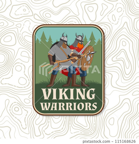 Vikings warrior logo, badge, sticker. Vector illustration. For emblems, labels and patch. Patch design heraldic shield with a vikings in helmet with battle sword, spear and round shield 115168626