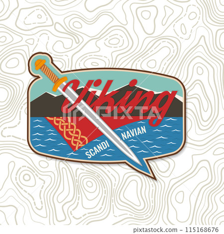 Viking warrior logo, badge, sticker. Vector. For emblems, labels and patch. Patch design heraldic shield with a viking battle sword, vintage monochrome style 115168676