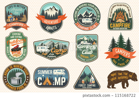 Set of Summer camp badges. Vector. Concept for shirt or logo, print, stamp, patch or tee. Vintage typography design with rv trailer, camping tent, campfire, girl, man with guitar and forest silhouette Set of Summer camp badges. Vector. Concept for shirt or logo, print, stamp, patch or tee. Vintage typography design with rv trailer, camping tent, campfire, girl, man with guitar and forest silhouette 115168722