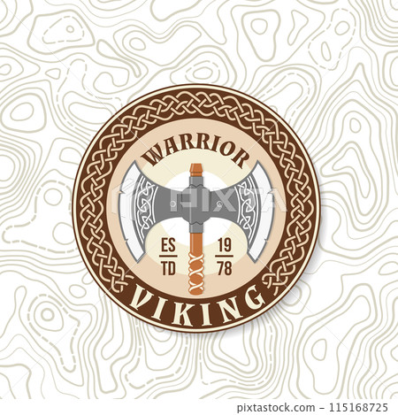 Viking warrior logo, badge, sticker. Vector illustration. For emblems, labels and patch. Double Axe Medieval Weapon, vintage monochrome style 115168725