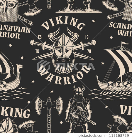 Vikings warrior seamless pattern or background. Vector. Fabric, texture, wallpaper with drakkar, vikings in helmet with battle sword, spear and round shield 115168729