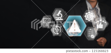 Risk management concept, Businesswoman hand touching Risk management icon on virtual screen. Risk management concept, Businesswoman hand touching Risk management icon on virtual screen. 115168823