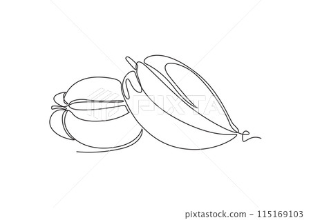 Single one line drawing of whole healthy organic sweet yellow starfruits orchard logo identity. Fresh star fruit concept for garden icon. Modern continuous line draw design graphic vector illustration Single one line drawing of whole healthy organic sweet yellow starfruits orchard logo identity. Fresh star fruit concept for garden icon. Modern continuous line draw design graphic vector illustration 115169103