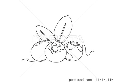 Single continuous line drawing whole healthy organic blueberries for orchard logo identity. Fresh blue berry fruitage concept for fruit garden. Dynamic one line draw graphic design vector illustration 115169116