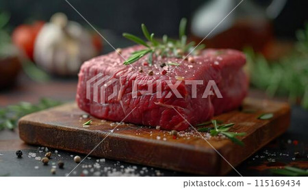 Enjoy the taste of raw steak on a rustic wooden board 115169434