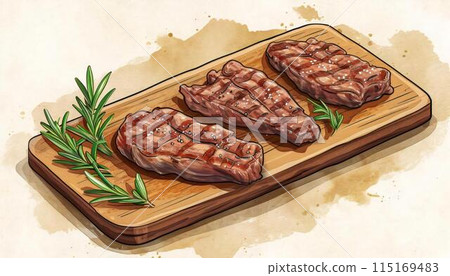 Fresh steak on a wooden board. Illustration in hand drawn style Fresh steak on a wooden board. Illustration in hand drawn style 115169483