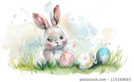 Watercolor illustration of a charming Easter bunny surrounded by colorful eggs 115169683