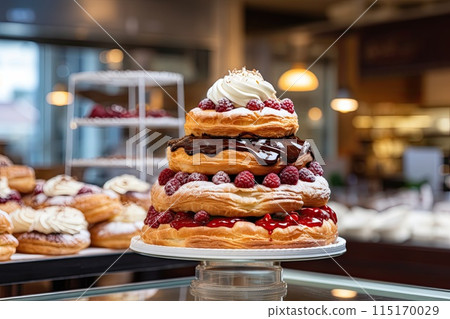 Layered Pastry Cake with Chocolate and Berries Layered Pastry Cake with Chocolate and Berries 115170029