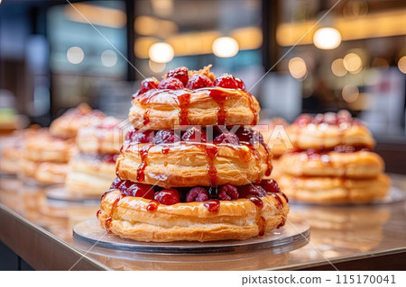 Layered Puff Pastry with Berries and Caramel Drizzle 115170041