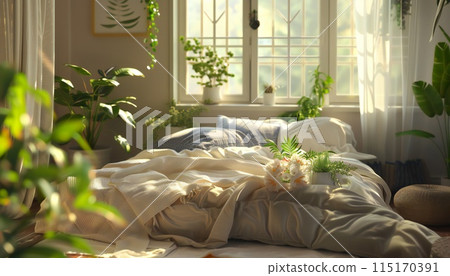 Spring home decor with bed, soft blankets and pillows, large windows and indoor plants 115170391