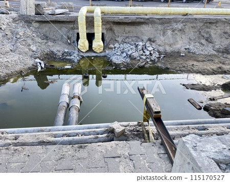 Preparation for the heating season or bursting of hot water supply pipes to residential complexes. Repair of heating networks. Heat supply pipes in the process of repair by utility services. Preparation for the heating season or bursting of hot water supply pipes to residential complexes. Repair of heating networks. Heat supply pipes in the process of repair by utility services. 115170527