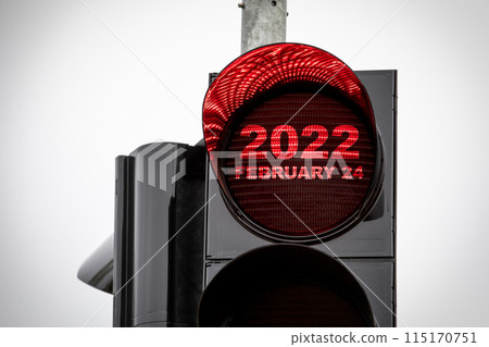 Russian invasion of Ukraine in 2022 February 24. Traffic Light with red light Russian invasion of Ukraine in 2022 February 24. Traffic Light with red light 115170751