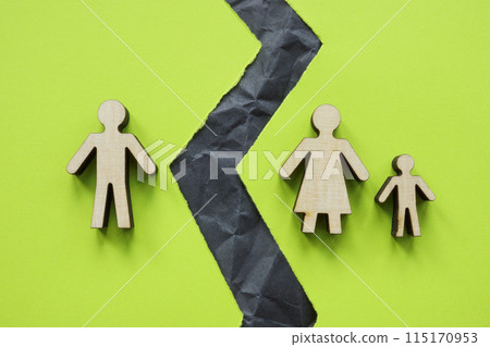 Divided family figures and a torn sheet as a symbol of divorce. 115170953
