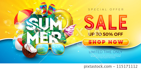 Summer Sale Design with Beach Ball, Sunglasses and Text Label on Yellow Background. Tropical Floral Vector Holiday Illustration with Special Offer Typography for Coupon, Voucher, Banner, Flyer Summer Sale Design with Beach Ball, Sunglasses and Text Label on Yellow Background. Tropical Floral Vector Holiday Illustration with Special Offer Typography for Coupon, Voucher, Banner, Flyer 115171112