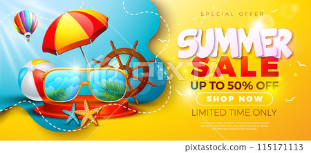 Summer Sale Design with Beach Ball, Sunglasses and Paper Text Label on Yellow Background. Tropical Floral Vector Holiday Illustration with Special Offer Typography for Coupon, Voucher, Banner, Flyer 115171113