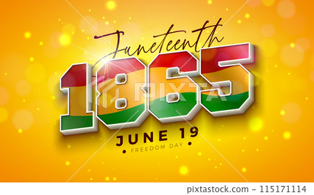 Juneteenth Freedom Day Design. African American June 19 Independence Day. Annual American Emancipation Holiday Vector Illustration with 3d 1865 Typography Lettering on Shiny Yellow Background for 115171114