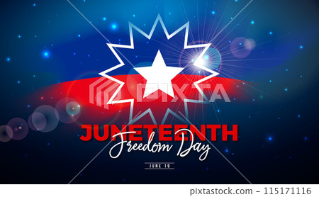 Juneteenth Freedom Day Design. African American June 19 Independence Day. Annual American Emancipation Holiday Vector Illustration with Typography Lettering and Flag on Blue Background for Banner Juneteenth Freedom Day Design. African American June 19 Independence Day. Annual American Emancipation Holiday Vector Illustration with Typography Lettering and Flag on Blue Background for Banner 115171116