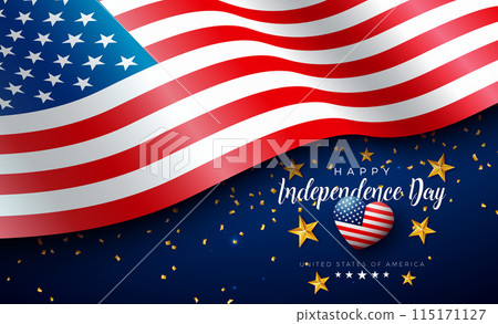 4th of July Independence Day of the USA Vector Illustration with American Flag Pattern Heart, Gold Star and Falling Confetti on Blue Background. Fourth of July National Celebration Design with 115171127