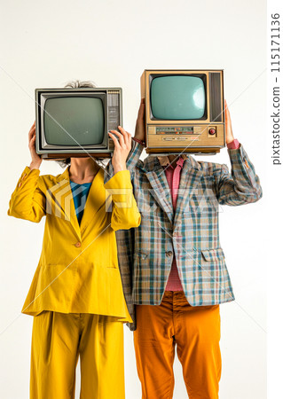 Two people wearing plaid and yellow clothing are holding up a television set Two people wearing plaid and yellow clothing are holding up a television set 115171136