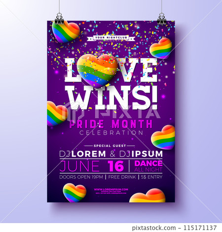 Pride Month Party Flyer Design. LGBTQ Illustration with Colorful Falling Confetti and Rainbow Heart on Purple Background. Love Wins Vector LGBT Event Banner Design for Celebration Poster, Invitation 115171137