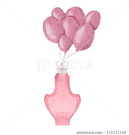 Pink vintage-looking perfume bottle with balloons hand painted in watercolor. Fashion illustration on white background. Used for postering, postcards and design Pink vintage-looking perfume bottle with balloons hand painted in watercolor. Fashion illustration on white background. Used for postering, postcards and design 115171139
