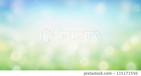 Blurred Summer Background Transitioning from Lush Green to Clear Blue, Bright Bokeh Lights Create Warm Seasonal Vibes, Design Peaceful Outdoor Atmosphere 115171550