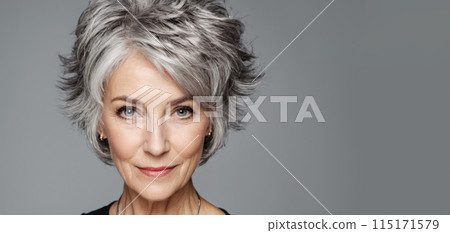 Senior Beauty Model on Neutral Background, Representing Timeless Beauty and Graceful Aging for Commercial Use in Advertising Campaigns Geared Towards Older Demographics 115171579