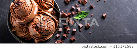 ice cream. two servings of vanilla chocolate ice cream, rich chocolate syrup drizzled, chocolate chips added for texture flavor, broken chocolate bar pieces on dark backdrop 115171592
