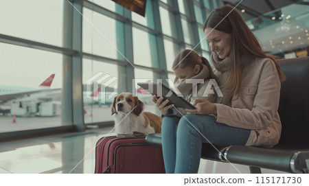 Woman and Child With Dogs at Airport 115171730