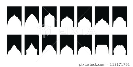 Arabic shapes windows and arches traditional ornament. Set of Islamic shape window frame in retro boho color. Vector 115171791