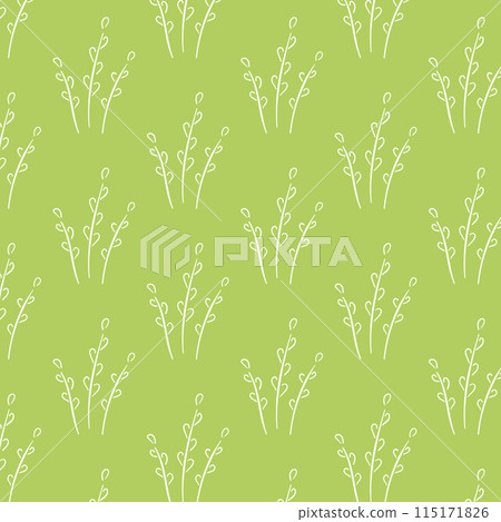 Simple willow seamless pattern in line art style. Hand drawn design package with silhouette of white branch. Vector illustration on a green background. 115171826