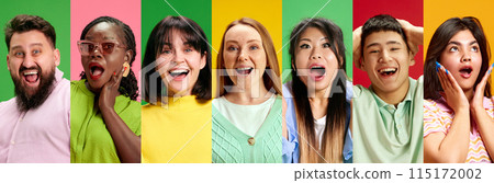 Photo collage of group of emotional young people of different races having bright surprised expressions against vibrant multicolored background Photo collage of group of emotional young people of different races having bright surprised expressions against vibrant multicolored background 115172002