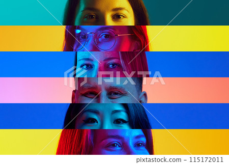 Striped collage. Close-up male and female eyes in neon light against multicolored background. 115172011