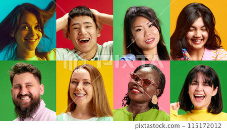 Collage of group of smiling people together symbolizing connection contacting multiracial society against vibrant studio background. 115172012