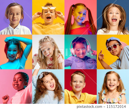 Collage of happy smiling faces of kids. Children, girls and boys different ethnicities expressing different positive emotions against vibrant multicolored background. 115172014