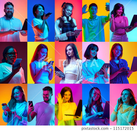 Collage made of portraits of young men and women using different gadgets for work and communication in neon light against multicolored background. 115172015