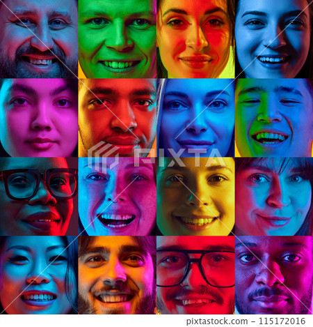 Happiness. Closeup portraits of young emotional people, excited men and women expressing different emotions in neon light against multicolored background. 115172016