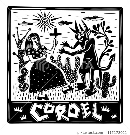 Woman and Devil. Brazilian cordel illustration. Northeast. Woodcut 115172021
