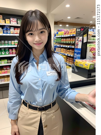 身穿淺藍色制服襯衫的店員在超市冷凍食品區引導 身穿淺藍色制服襯衫的店員在超市冷凍食品區引導 115172173