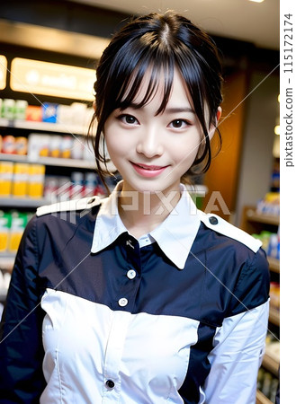 穿著制服的女藥局工作人員站在店內 115172174