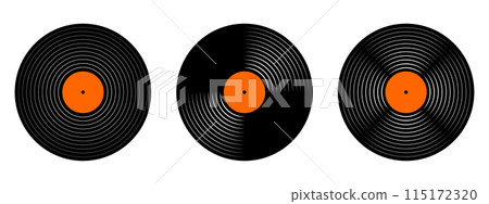 Set of vinyl records. LP or long play music plates for gramophone isolated on white background. DJ discs for techno party. 70s 80s 90s discotheque nostalgia concept. Vector flat illustration Set of vinyl records. LP or long play music plates for gramophone isolated on white background. DJ discs for techno party. 70s 80s 90s discotheque nostalgia concept. Vector flat illustration 115172320