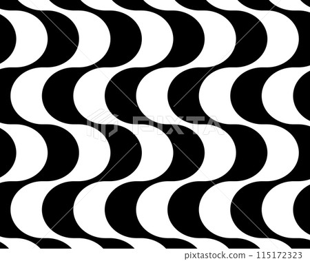 Repeating vertical black and white waves in Portuguese pavement style. Copacabana sidewalk mosaic pattern. Famous beach promenade in Rio de Janeiro. Brasilian symbol. Vector graphic illustration 115172323