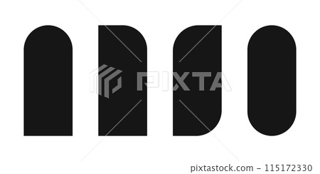 Set of arch, semiarch, leaf and double arc shapes. Templates for invitation or greeting cards, brochures or banners in archway form isolated on white background. Art deco style. Vector illustration 115172330