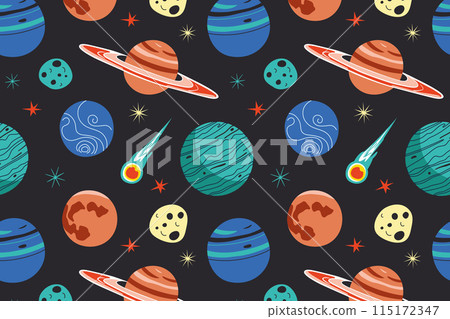 Seamless vector pattern with planets and stars. Space in flat cartoon style. Universe illustrations. Celestial bodies like Saturn, Jupiter, Mars. Astronomy educational materials for kids Seamless vector pattern with planets and stars. Space in flat cartoon style. Universe illustrations. Celestial bodies like Saturn, Jupiter, Mars. Astronomy educational materials for kids 115172347